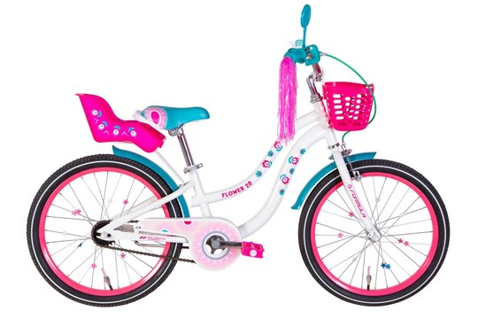 Купити Велосипед дитячий 20" Formula Flower ST 2022, з кошиком та багажником для ляльки, білий з бірюзовим та рожевим з доставкою по Україні