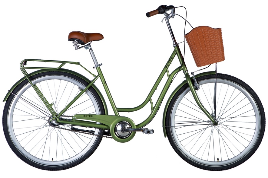 Купити Велосипед ST 28" Dorozhnik RETRO планет. малиновий з багажником задн St з кошиком Pl з крилом St 2024 (темно-зелений) з доставкою по Україні