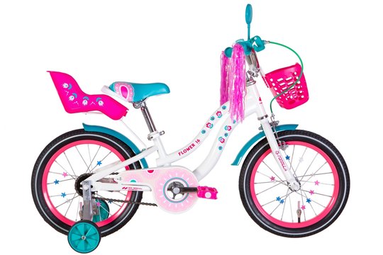 Купити Велосипед дитячий 16" Formula FLOWER PREMIUM ST рама-8,5" 2022, біло-рожевий, з багажником для ляльки, з крилом та корзиною з доставкою по Україні