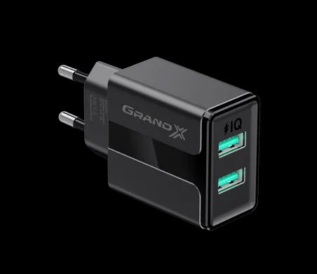 Купити Зарядний пристрій 2X-USB Grand-X CH-15В 2 USB 5V/2.4A з захистом від перенавантаження, чорний з доставкою по Україні